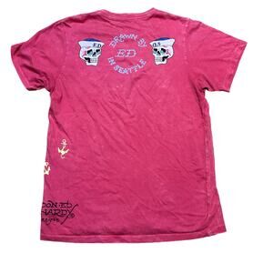 Ed Hardy Seattle Tee Mens Size Small Red Blue Yellow Skulls AOP Acid Wash